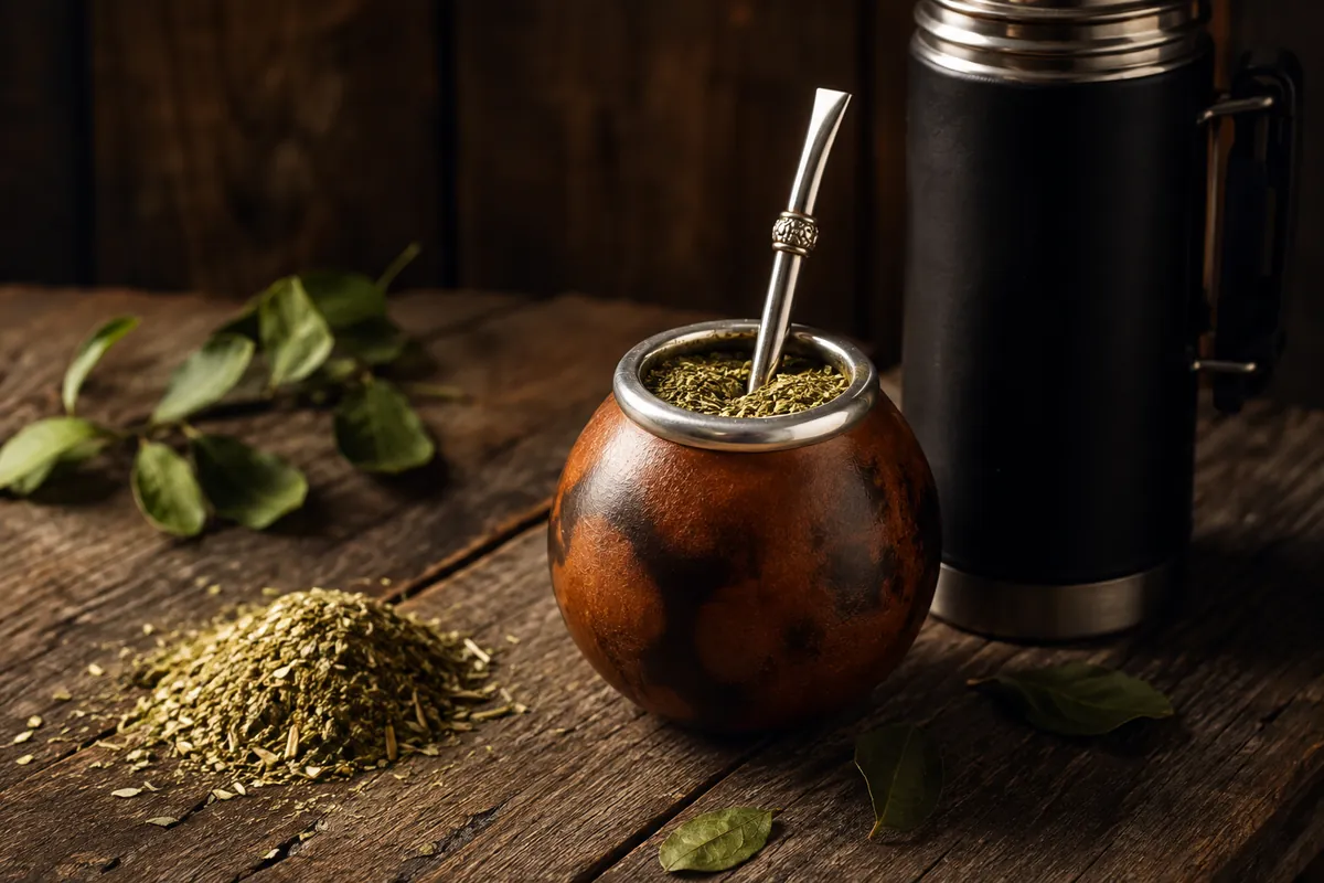 A gourd of yerba mate with a metal bombilla straw beside loose green leaf