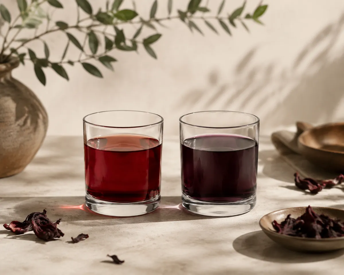 Two glasses of hibiscus infusion side by side, the left a deep red and the right shifted to a dull purple