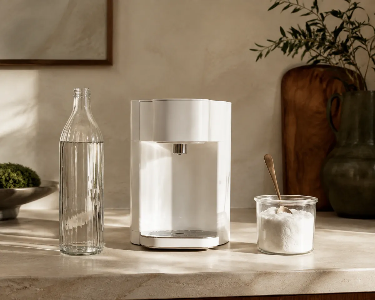 A plain glass bottle of mineral water, a small countertop water ioniser and an open jar of bicarbonate of soda with a spoon in it, lined up on a worktop