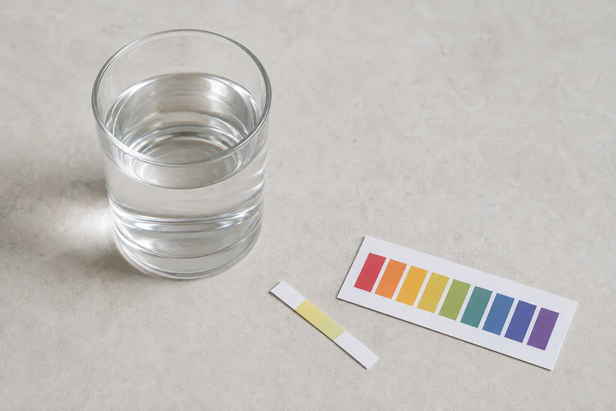 A glass of still water beside a pH test strip and colour chart