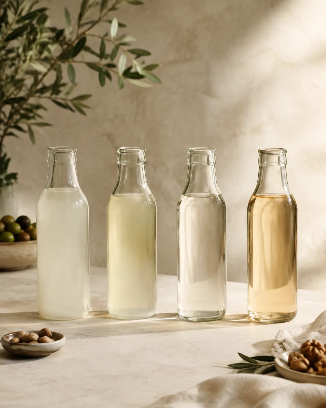 Four unlabelled bottles of pale liquid in a row, each visibly different in cloudiness and colour from the next