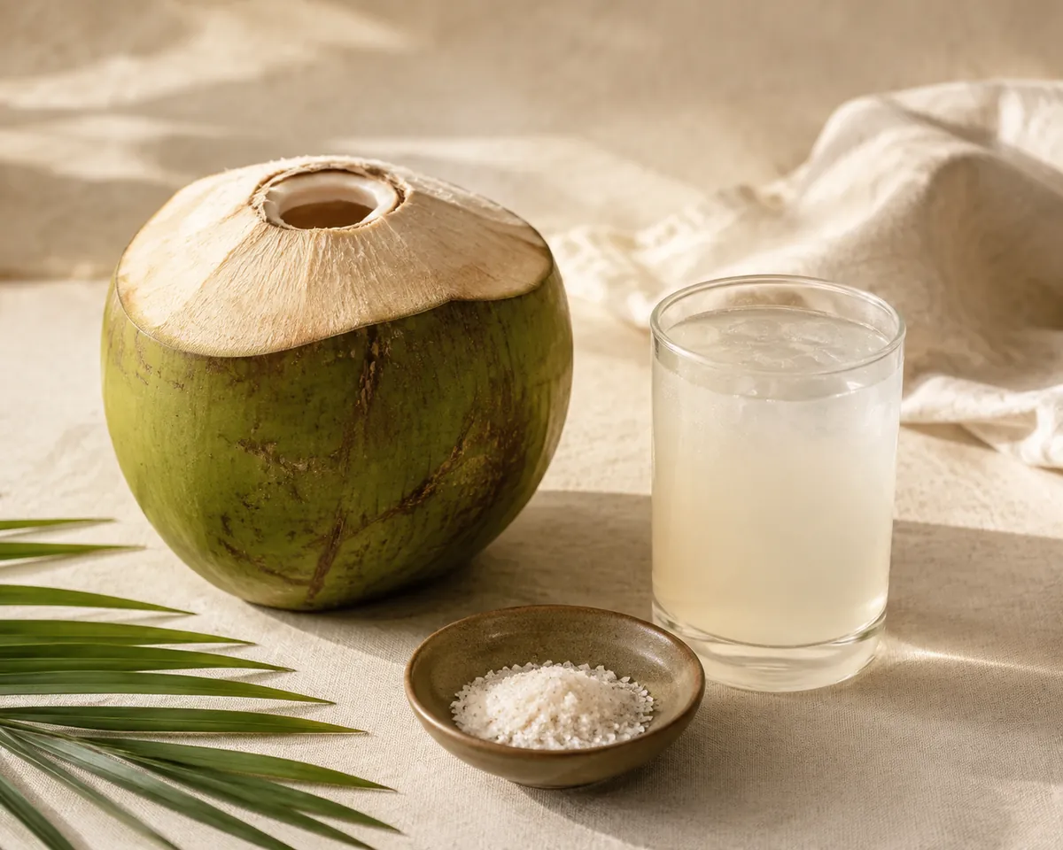 A green coconut with a straw hole, a glass of pale mixed drink and a small dish of coarse salt arranged on a linen cloth