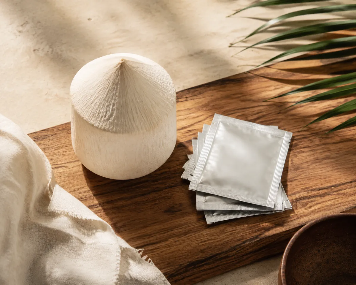 A whole trimmed white coconut standing beside a small stack of plain foil sachets on a wooden counter