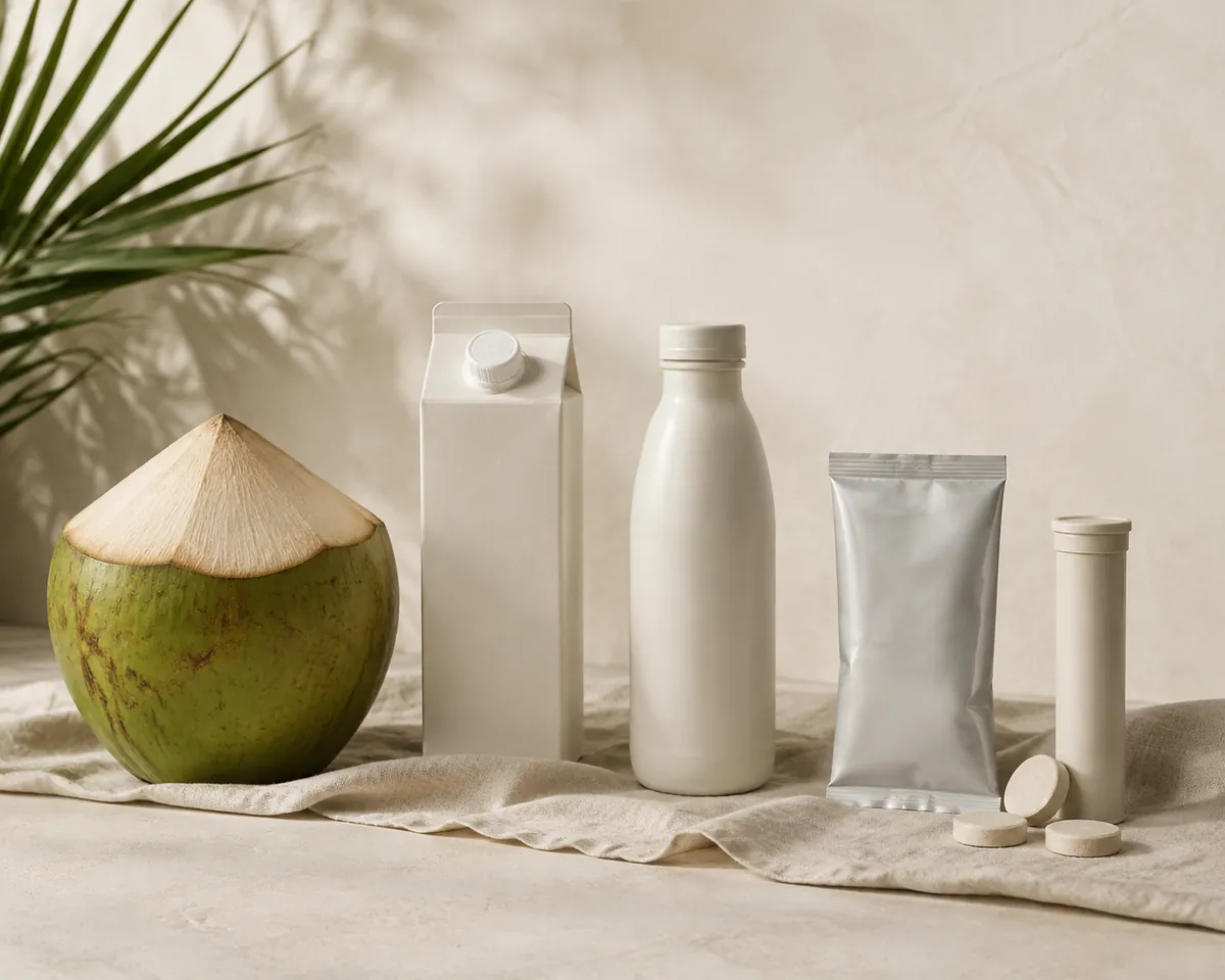 A trimmed green coconut, a plain carton, a plain bottle, a sachet of powder and a tube of tablets arranged in a row