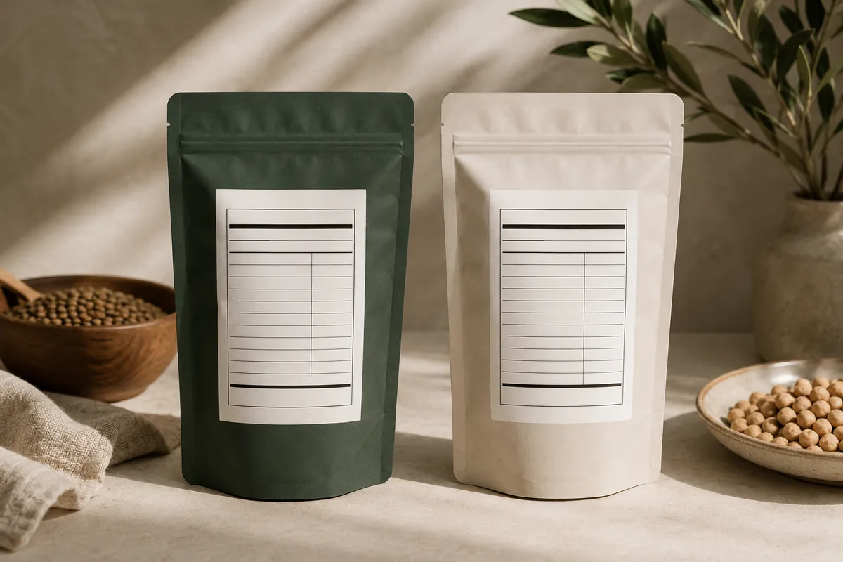 Two nutrition panels photographed side by side on plain white packaging, the figures legible but the brand names absent