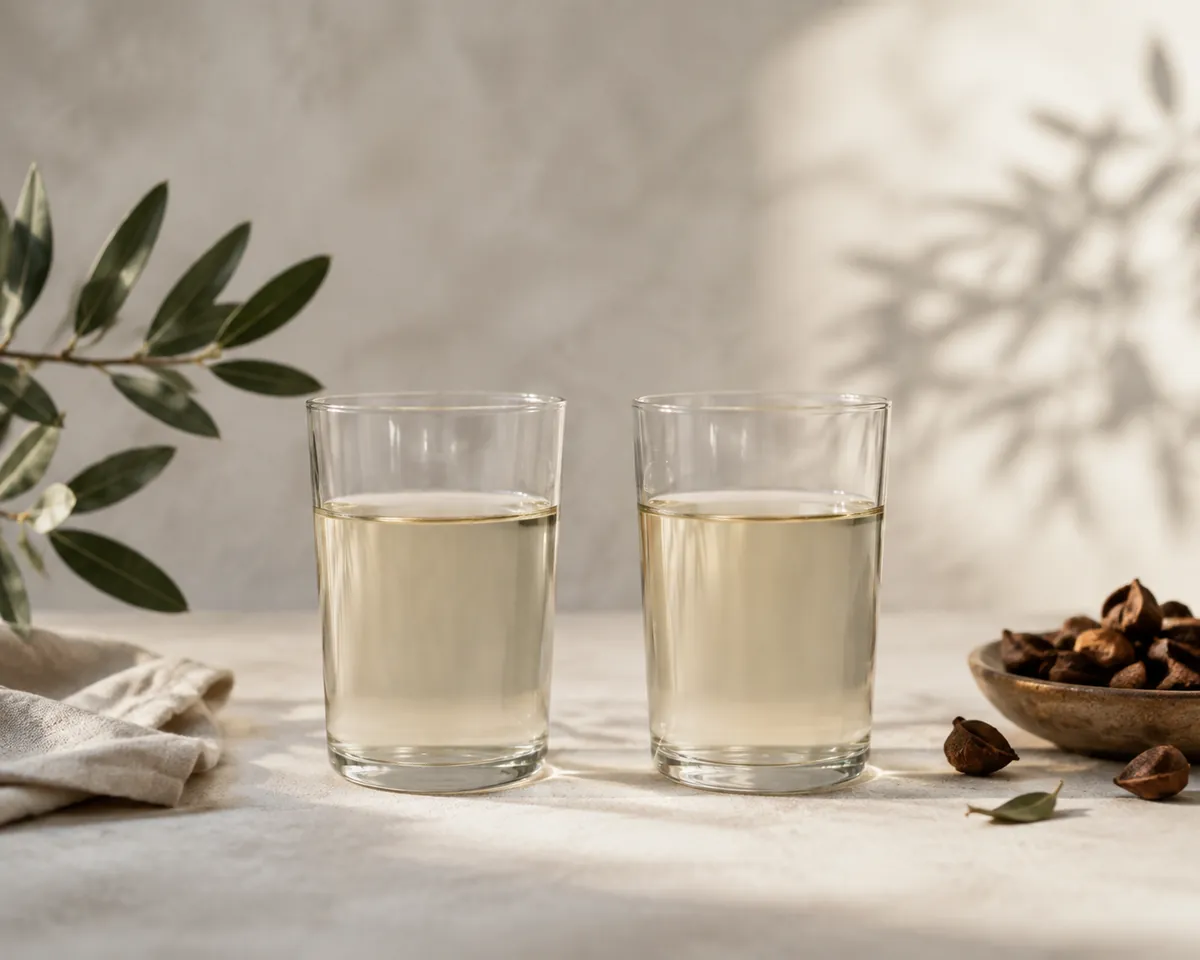 Two identical plain glasses of pale liquid photographed straight on against a neutral background, indistinguishable in size