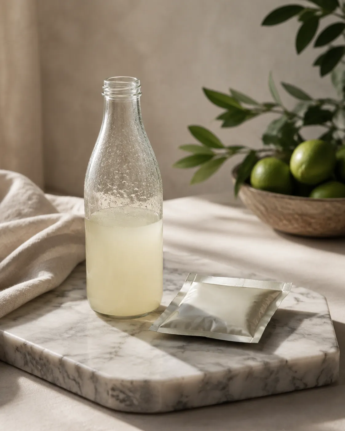 A half-empty plain bottle of cloudy liquid beside a sealed foil sachet, both standing on a cold marble slab
