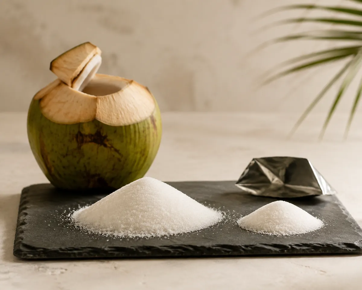 Two small heaps of white sugar of different sizes on dark slate beside a cut green coconut and a torn plain sachet