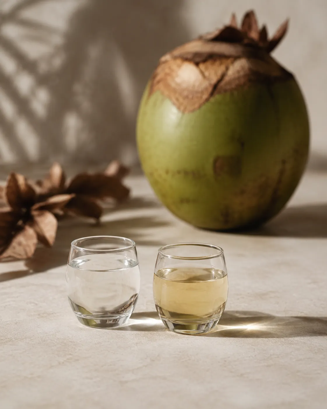 Two small tasting glasses on a pale bench, one holding clear liquid and the other a pale yellow one, with a green coconut behind
