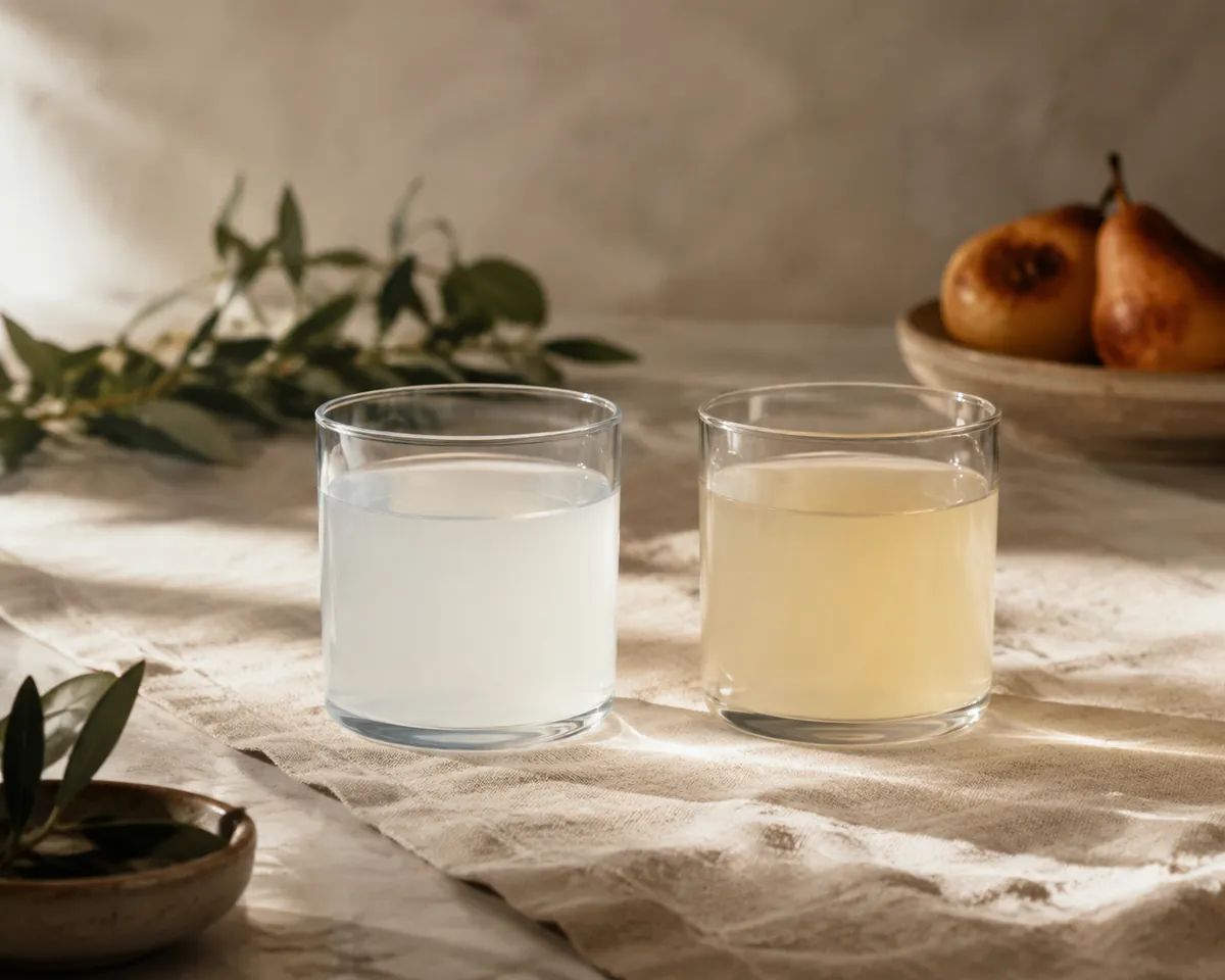 Two plain glasses side by side, the left holding faintly cloudy clear liquid and the right a pale coloured one