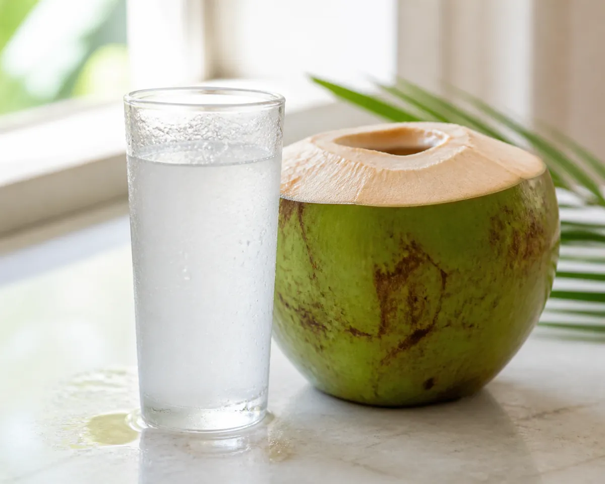 A glass of clear coconut water beside a young green coconut with its top cut open