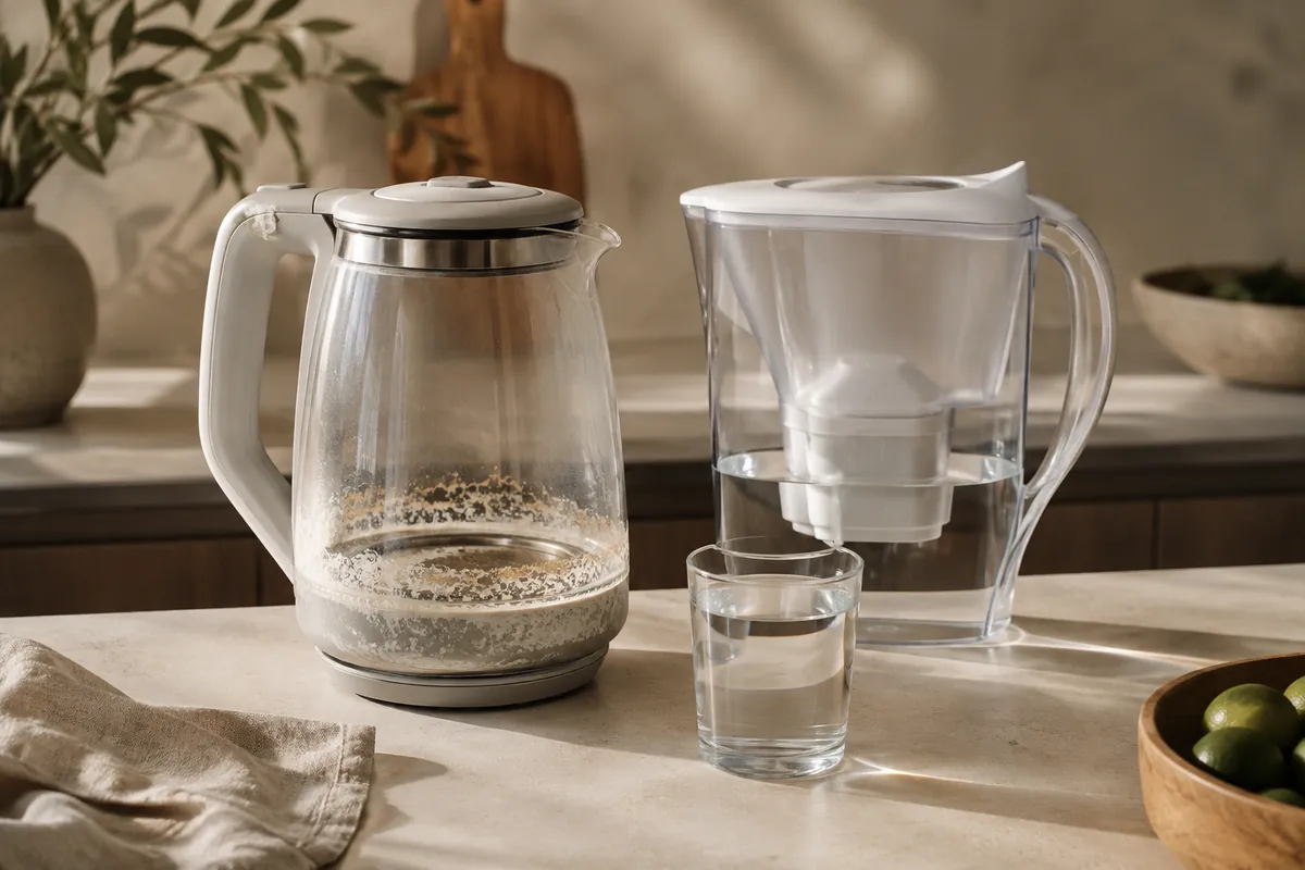 A glass kettle with white scale crusted on its element standing beside a filter jug and a full glass of clear water