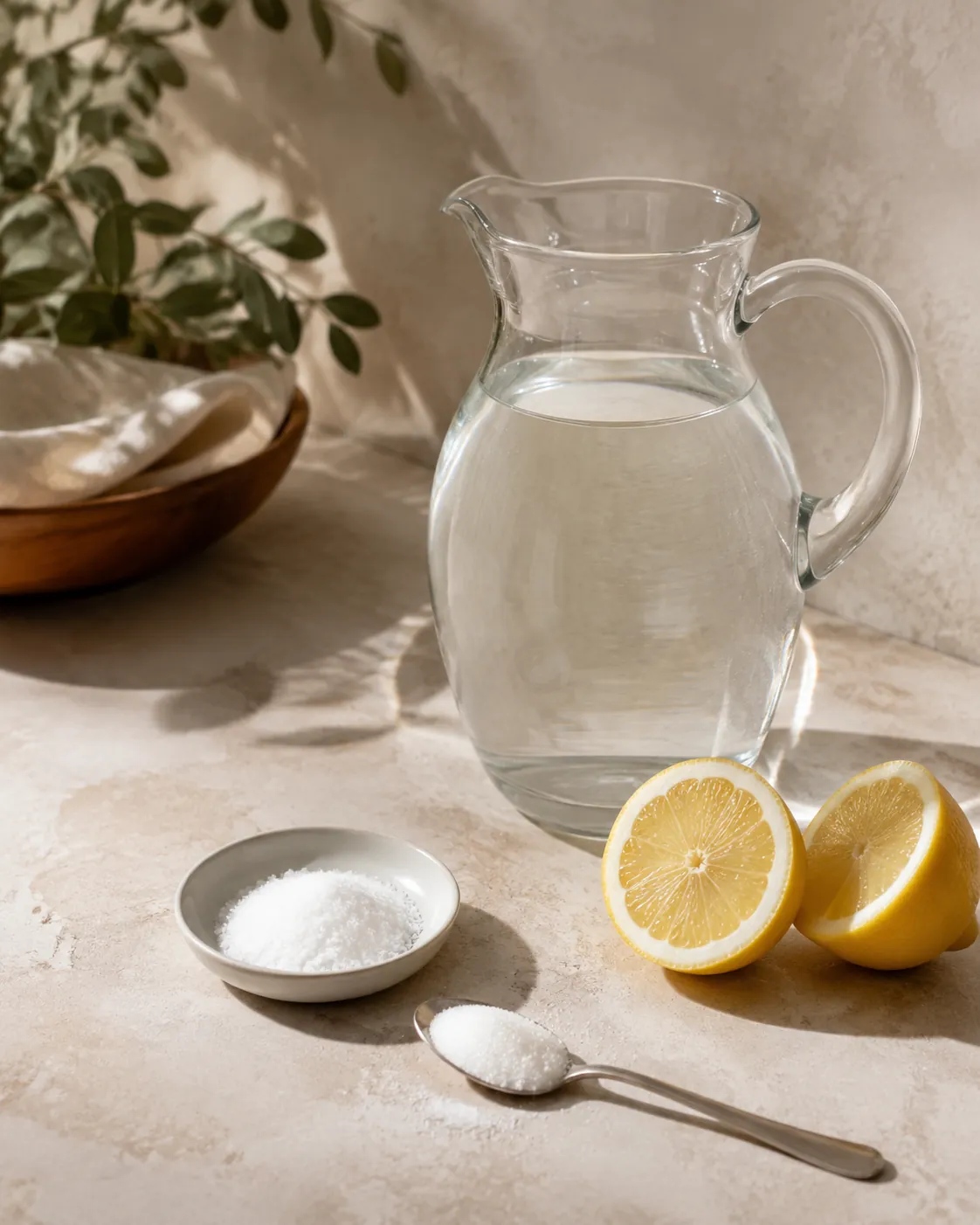 A litre glass jug of water on a counter beside a small dish of fine salt, a spoonful of sugar and a halved lemon