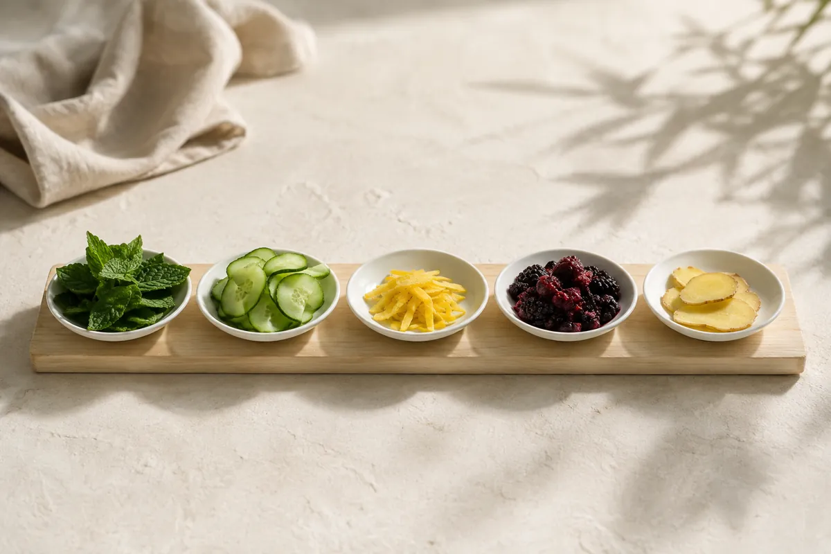 Five small dishes in a row holding mint sprigs, cucumber slices, citrus zest, crushed berries and sliced ginger
