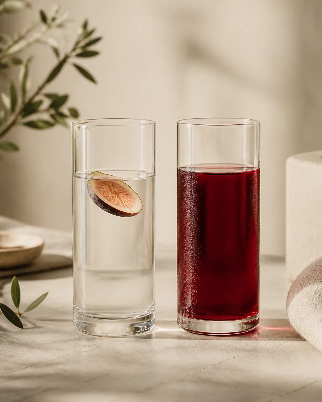 Two tall glasses side by side, the left barely tinted water with a slice of fruit, the right deep red cold-brewed infusion