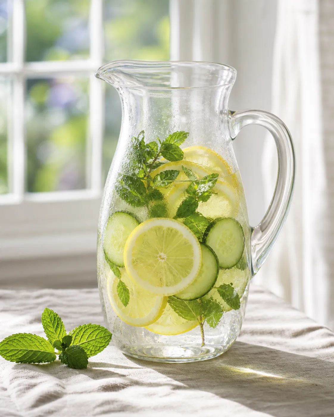 A glass jug of water with cucumber slices, lemon and mint sprigs suspended in it