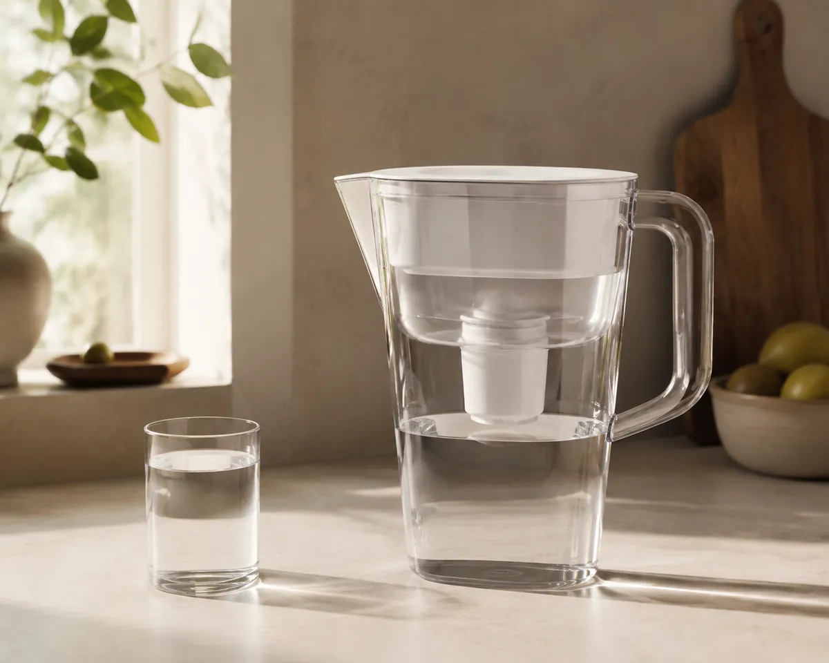 A clear filter jug full of water with its cartridge visible in the top, standing on a kitchen counter beside a plain filled glass