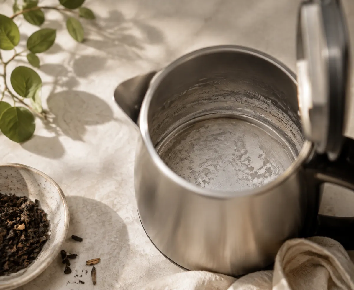 The inside of an open electric kettle showing a chalky white crust of limescale across the element and the base