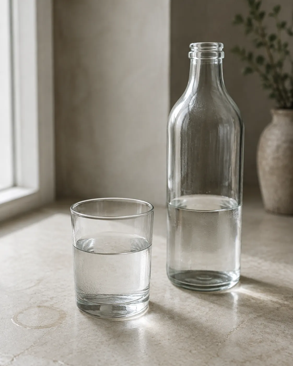 A glass of still mineral water on a pale stone surface beside a clear unlabelled bottle