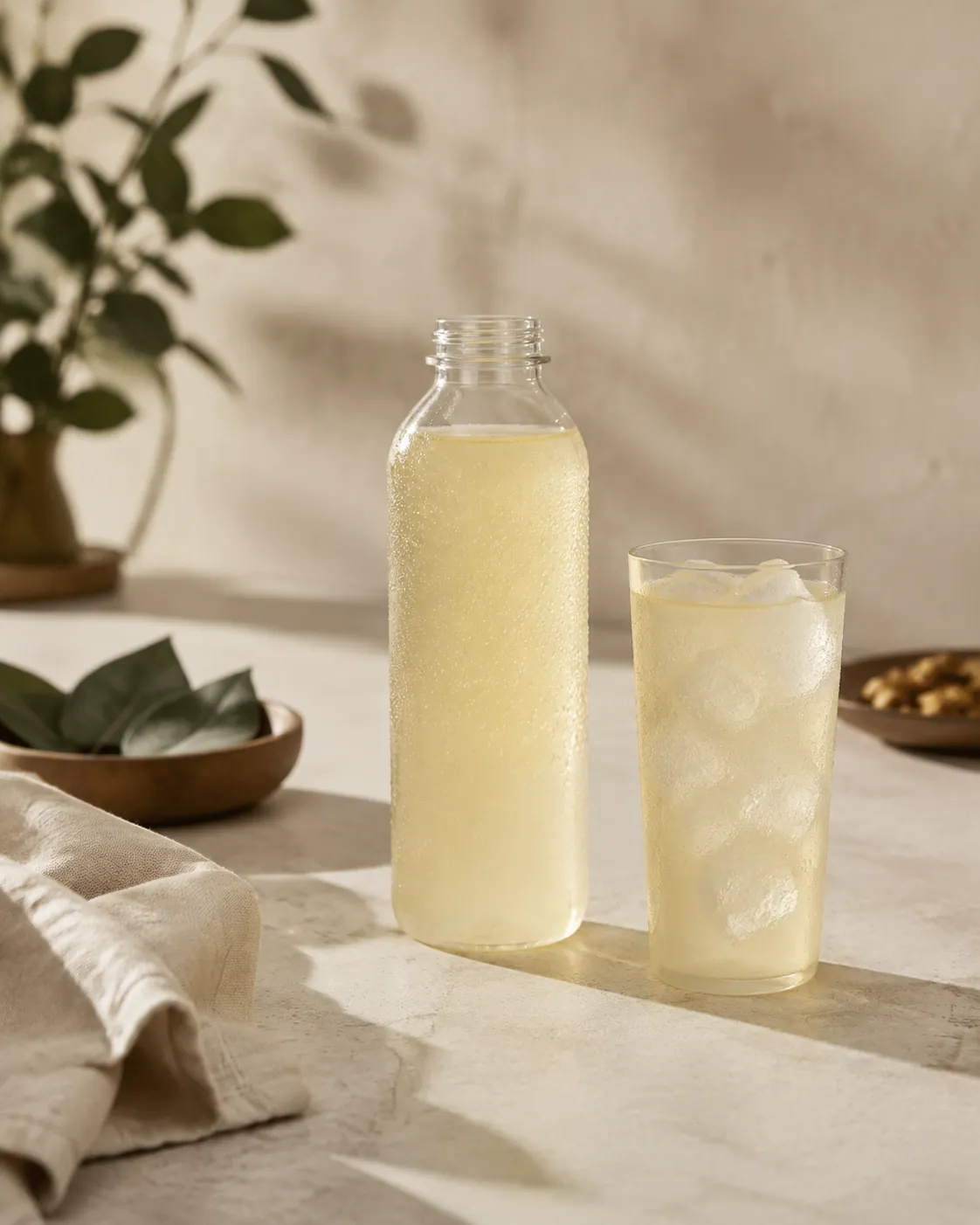 A plain unlabelled bottle of pale yellow sports drink beaded with condensation beside a tall glass of the same drink poured over ice