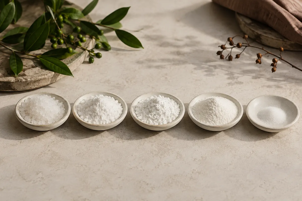 Five small white dishes in a row holding coarse white sugar, fine glucose, powdered fructose, matt white maltodextrin and a few grains of salt