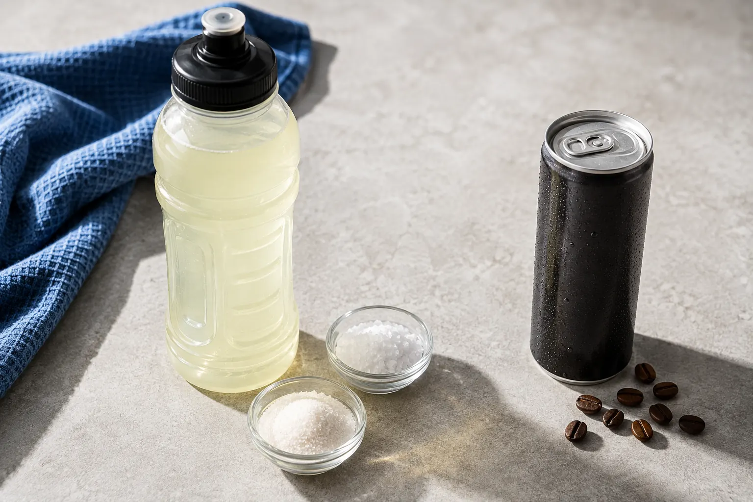 An unbranded pale citrus sports drink beside a dark energy drink can, with salt and sugar dishes on one side and coffee beans on the other