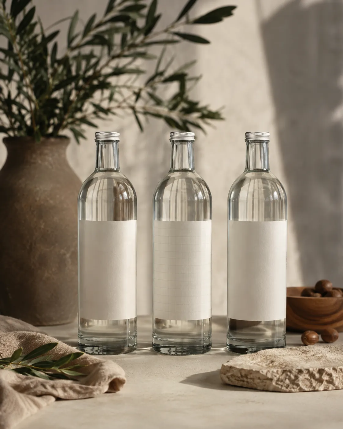 Three plain water bottles with blank label panels, one showing a printed mineral analysis grid