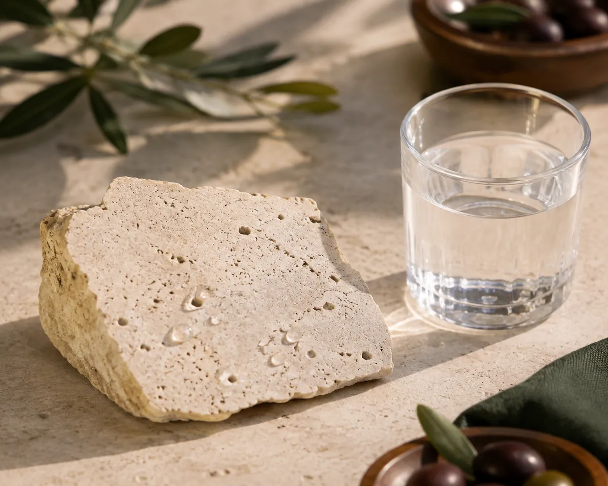A cross-section of pale porous limestone beside a glass of clear water on a stone surface, water beading on the rock face