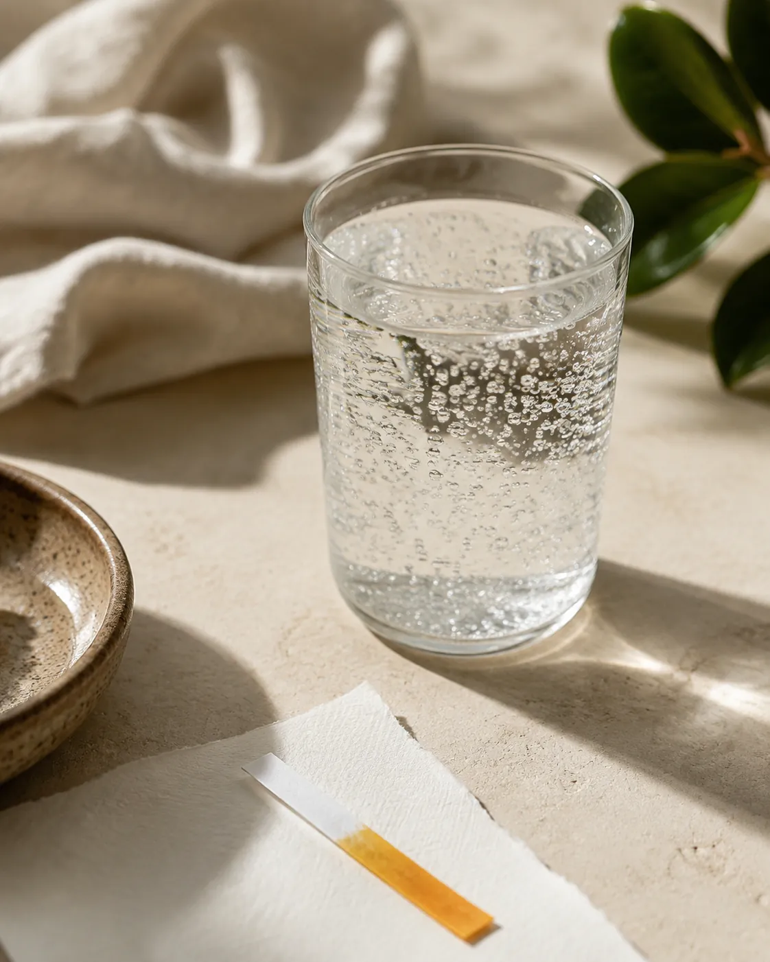 A glass of sparkling water with a pH strip resting beside it showing a low reading colour