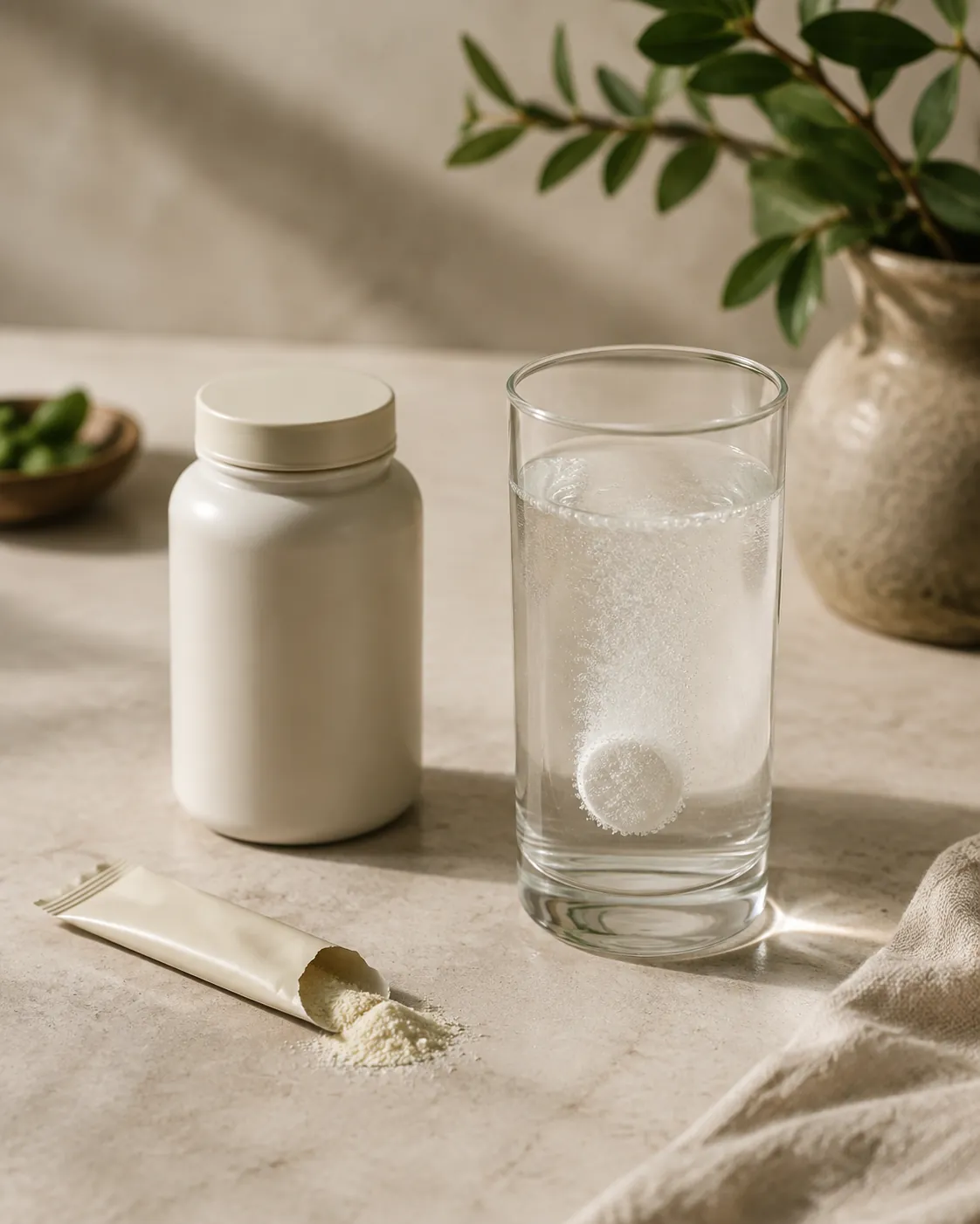 A dissolving tablet fizzing in a glass of water beside a sachet of powder and a sealed plain bottle