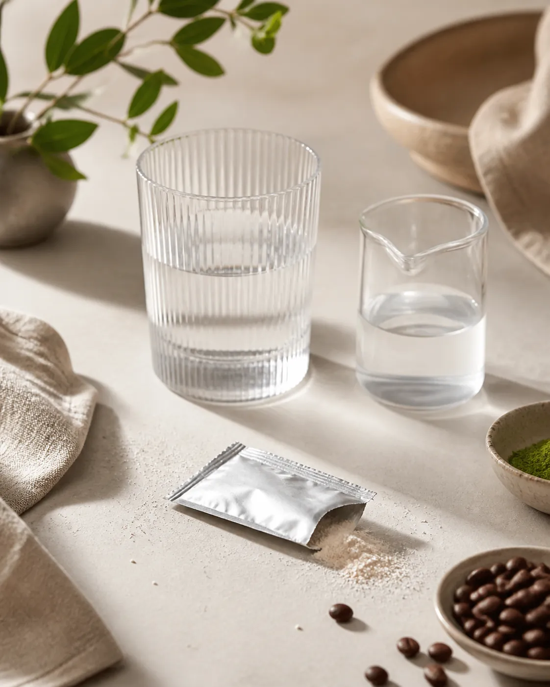 A plain sachet of powder torn open beside a glass of clear water and a measuring jug