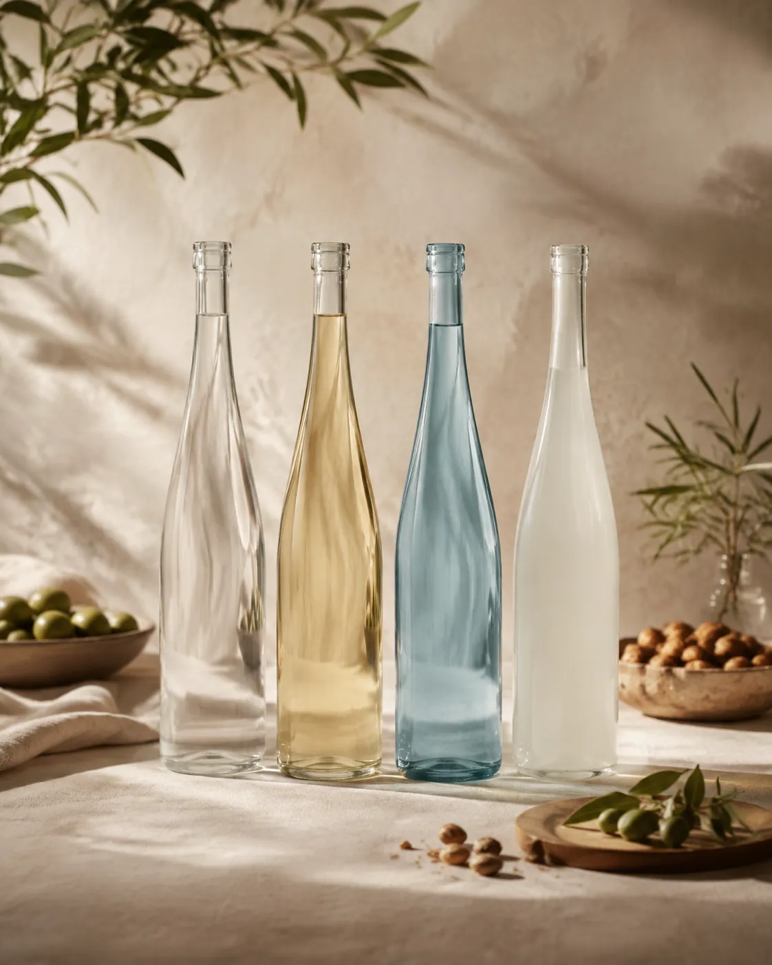 Four plain bottles in a row, differing in colour from clear through pale yellow to cloudy white