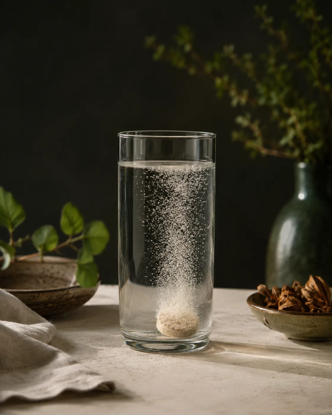 A tablet dissolving in a glass of water with a dense stream of fine bubbles rising from it