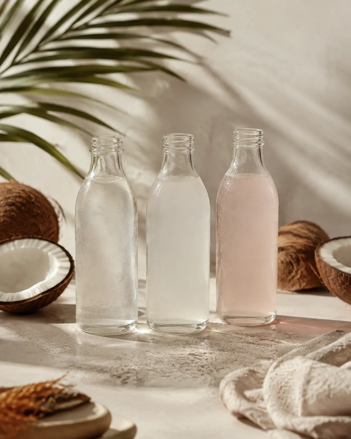 Three plain bottles of coconut water side by side, differing in cloudiness and colour