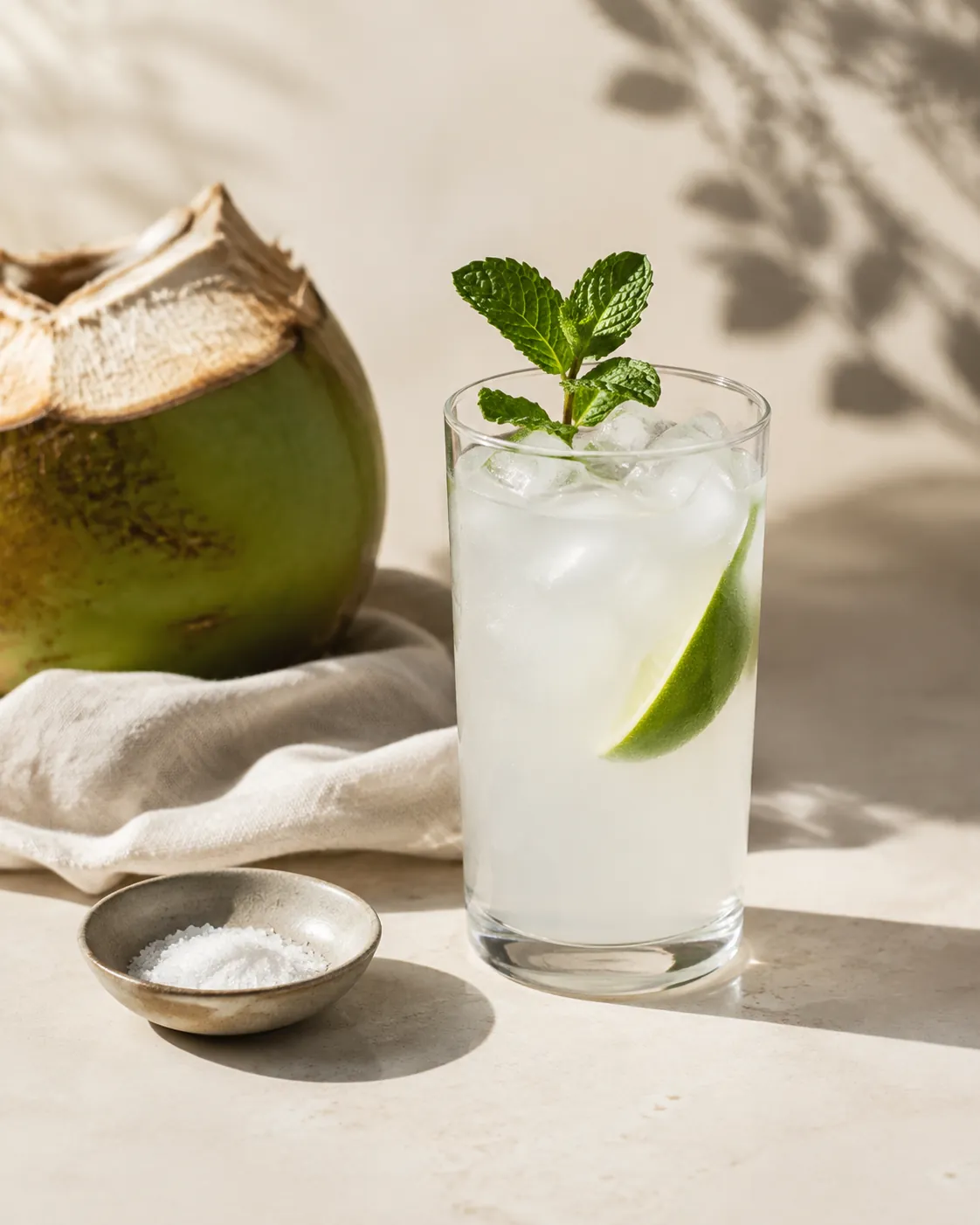 A tall glass of coconut water over ice with lime and mint, beside a small dish of salt