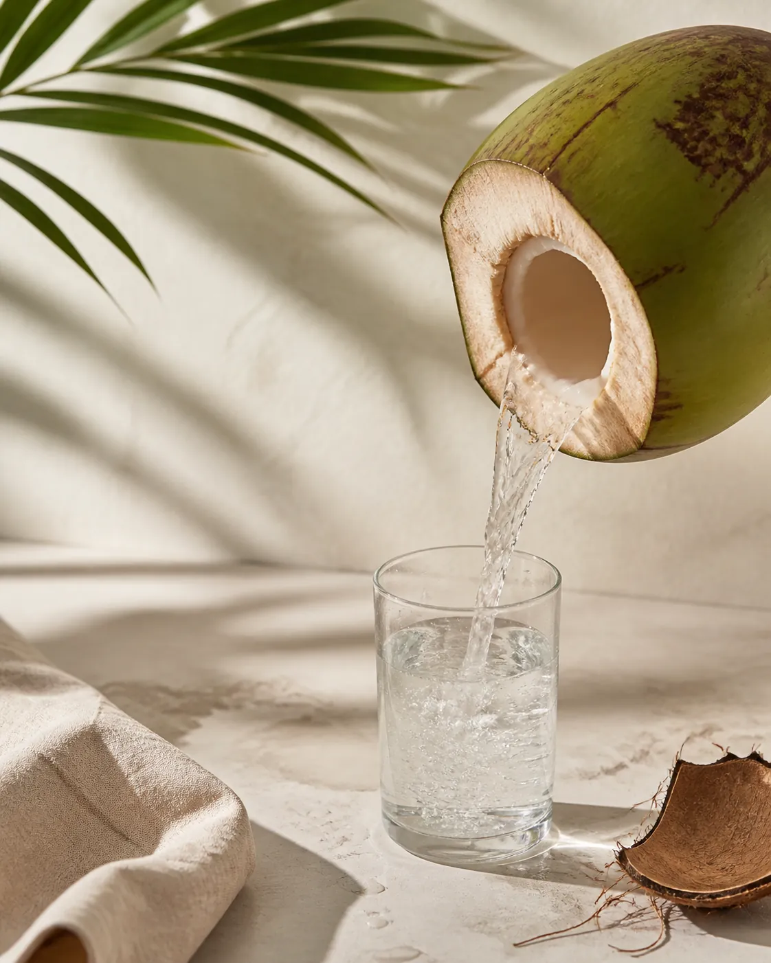 Clear coconut water being poured from an opened shell into a glass