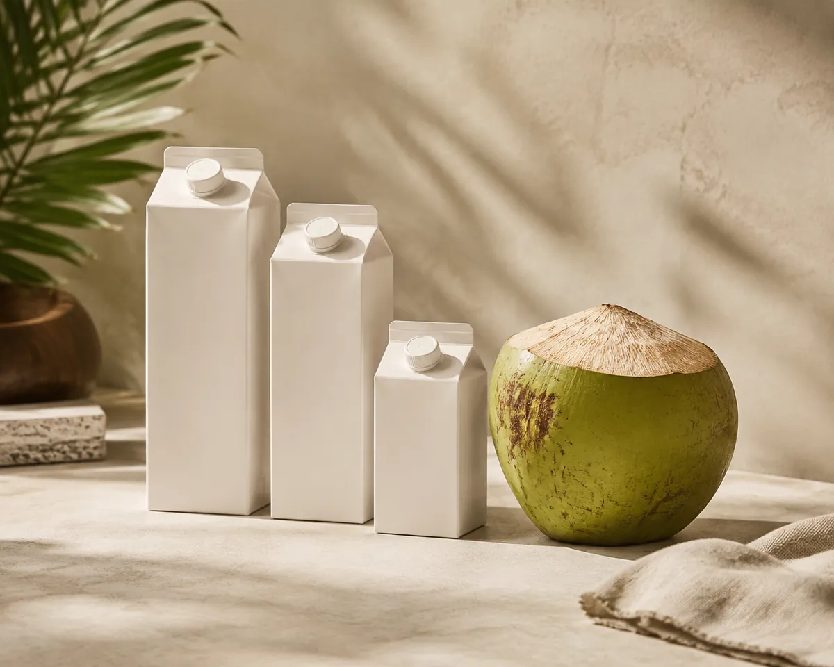 Three plain cartons and a whole green coconut standing together, the price gap implied by the packaging