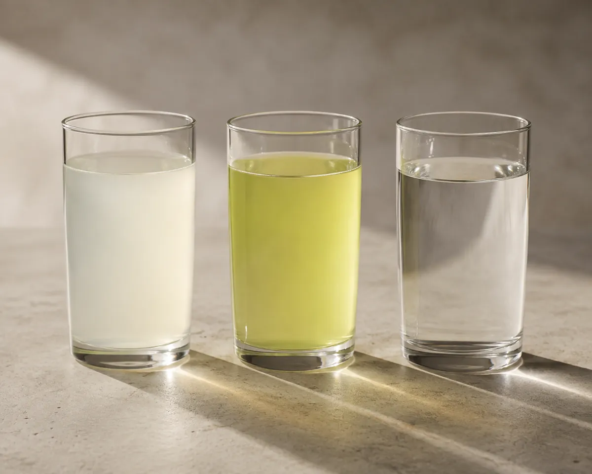Three plain glasses side by side holding faintly cloudy coconut water, a coloured sports drink and clear mineral water