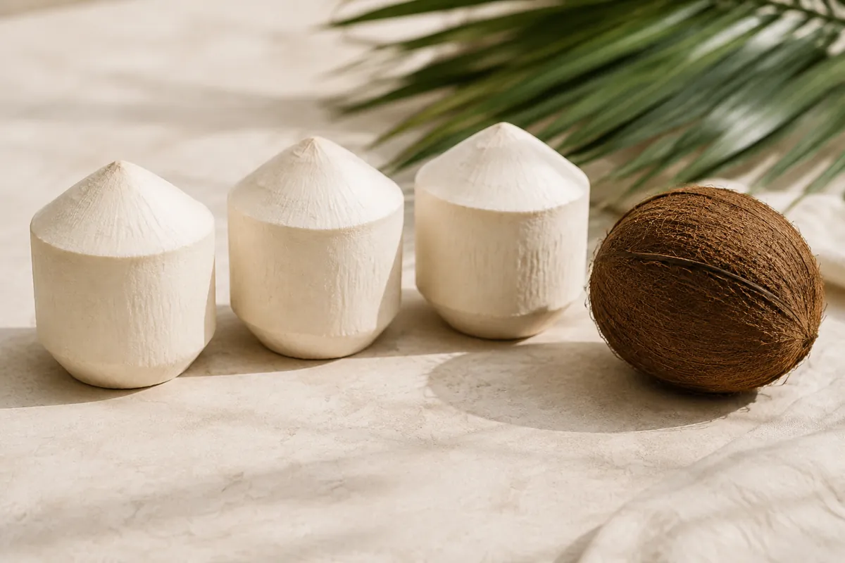 Three trimmed white coconuts cut into neat cylinders beside one untrimmed brown husked nut