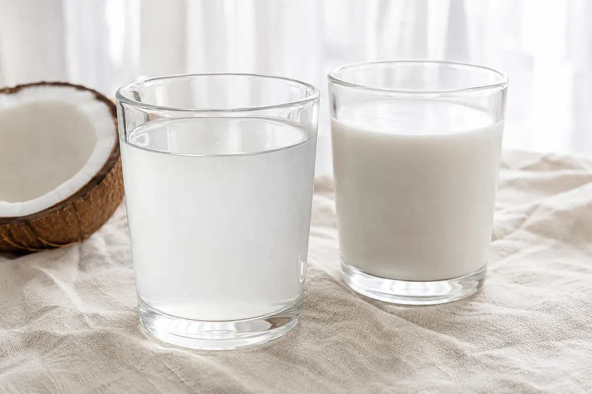 A glass of clear coconut water beside a glass of opaque white coconut milk, the difference in clarity obvious