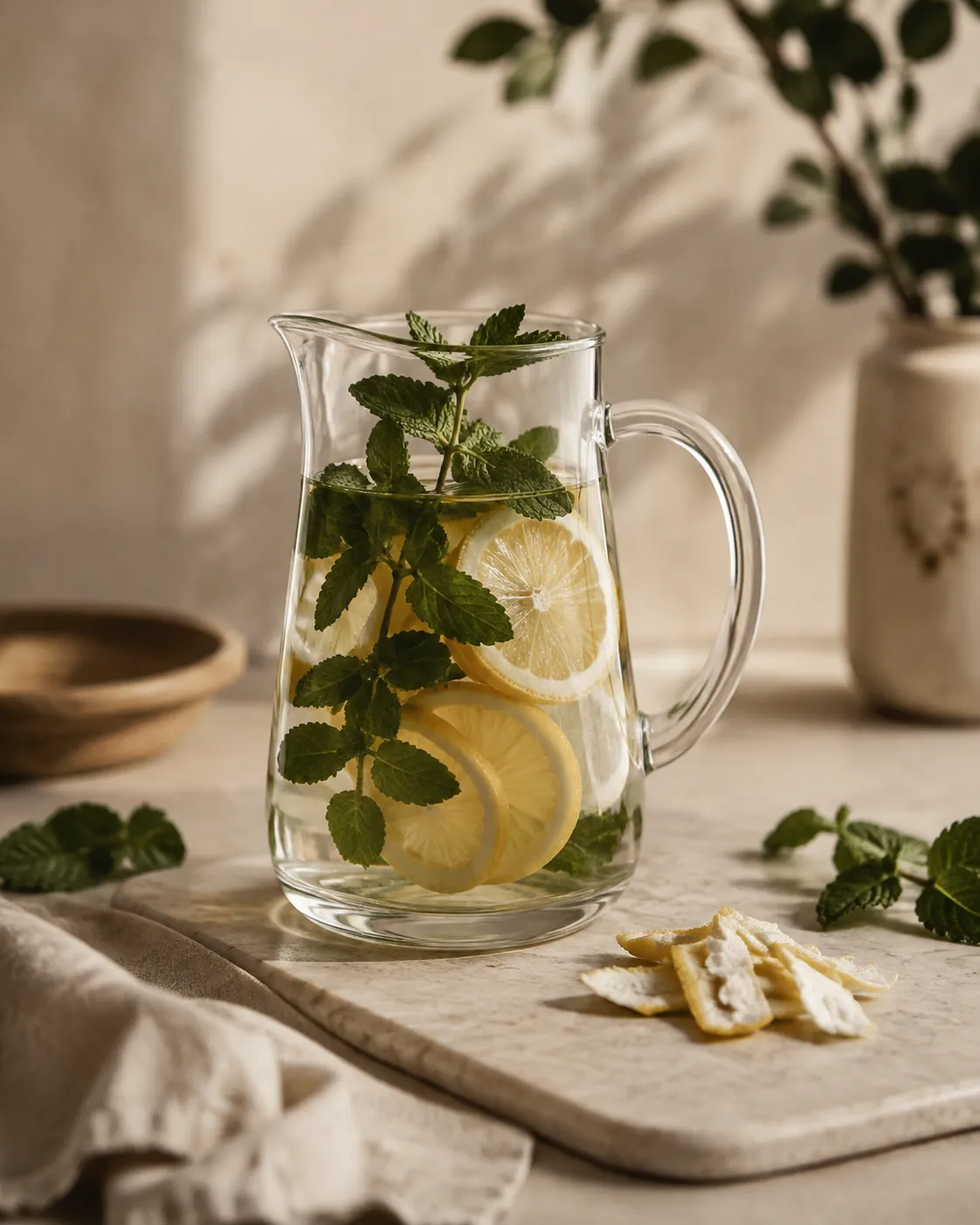 A glass jug of water with thin lemon slices and mint, beside a small pile of removed white pith
