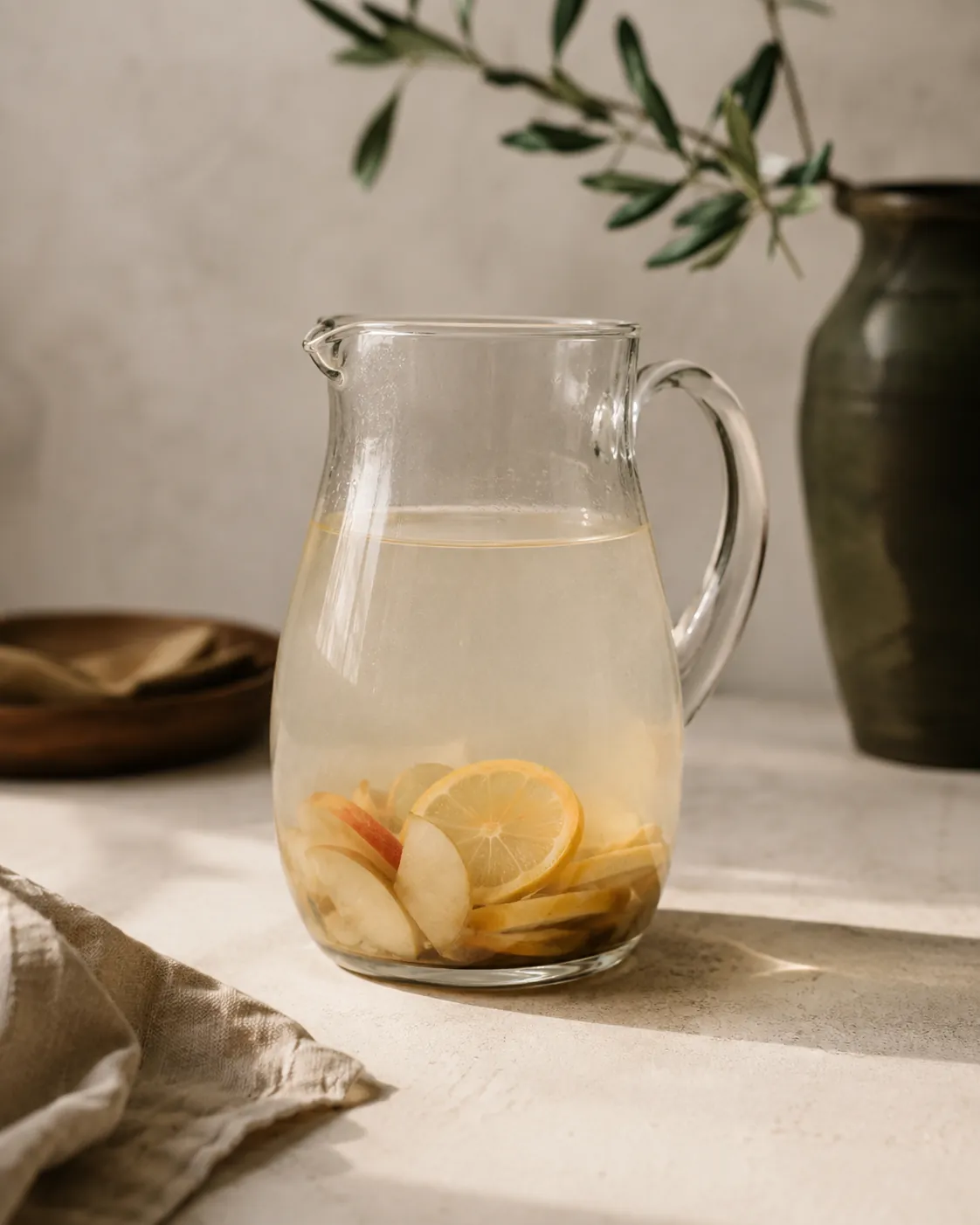 A jug of fruit water after two days, the fruit gone pale and sunken and the water slightly cloudy