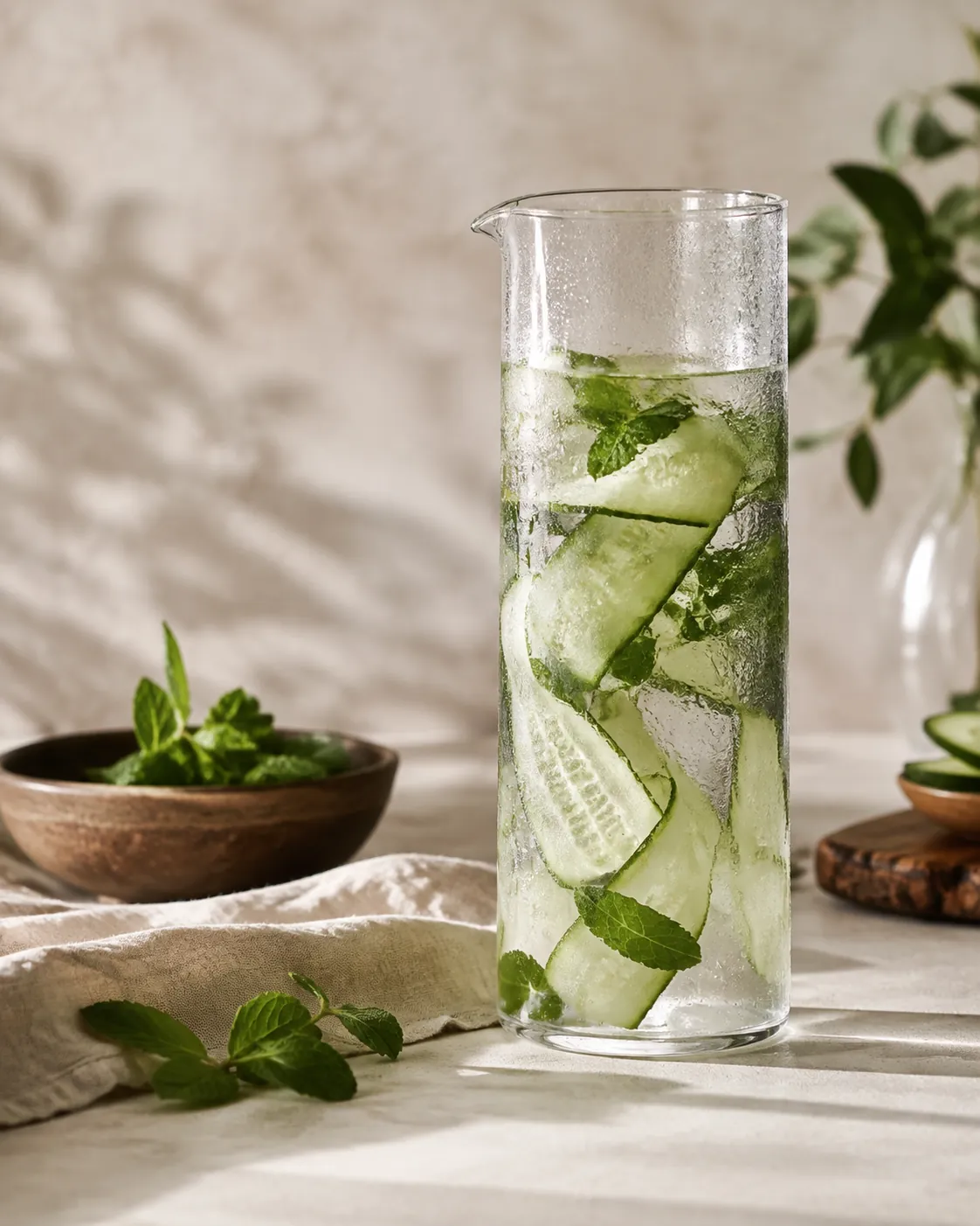 A tall jug of clear water with cucumber ribbons and mint suspended in it, condensation on the glass