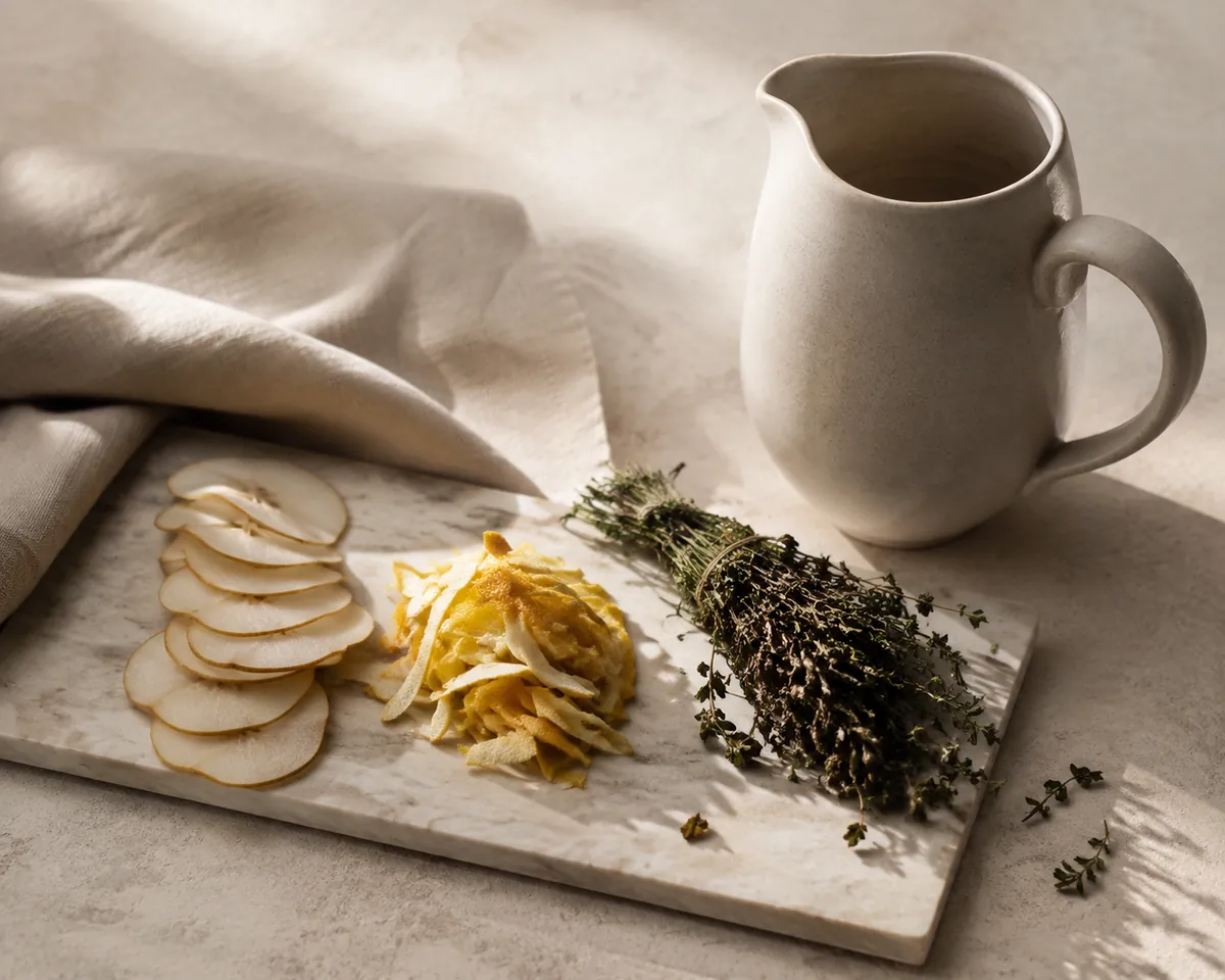 Sliced fruit, peeled citrus zest and bruised herbs laid out separately on a board before going in