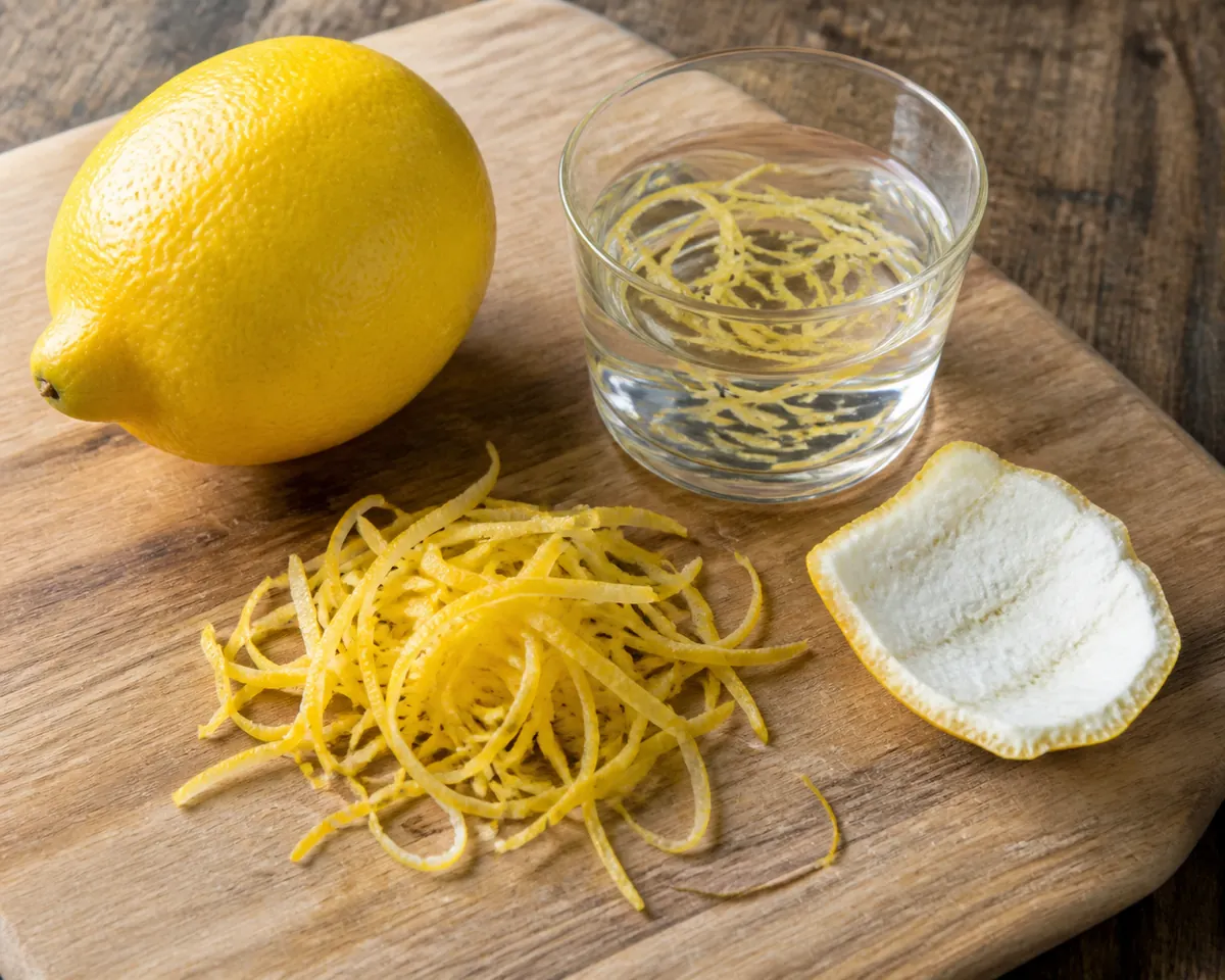 Pared strips of lemon zest curled on a wooden board beside a whole lemon and a glass of water with zest floating in it