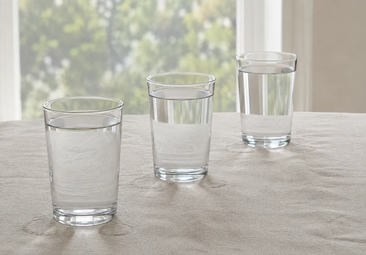 Three glasses of still water side by side backlit on linen, indistinguishable to the eye