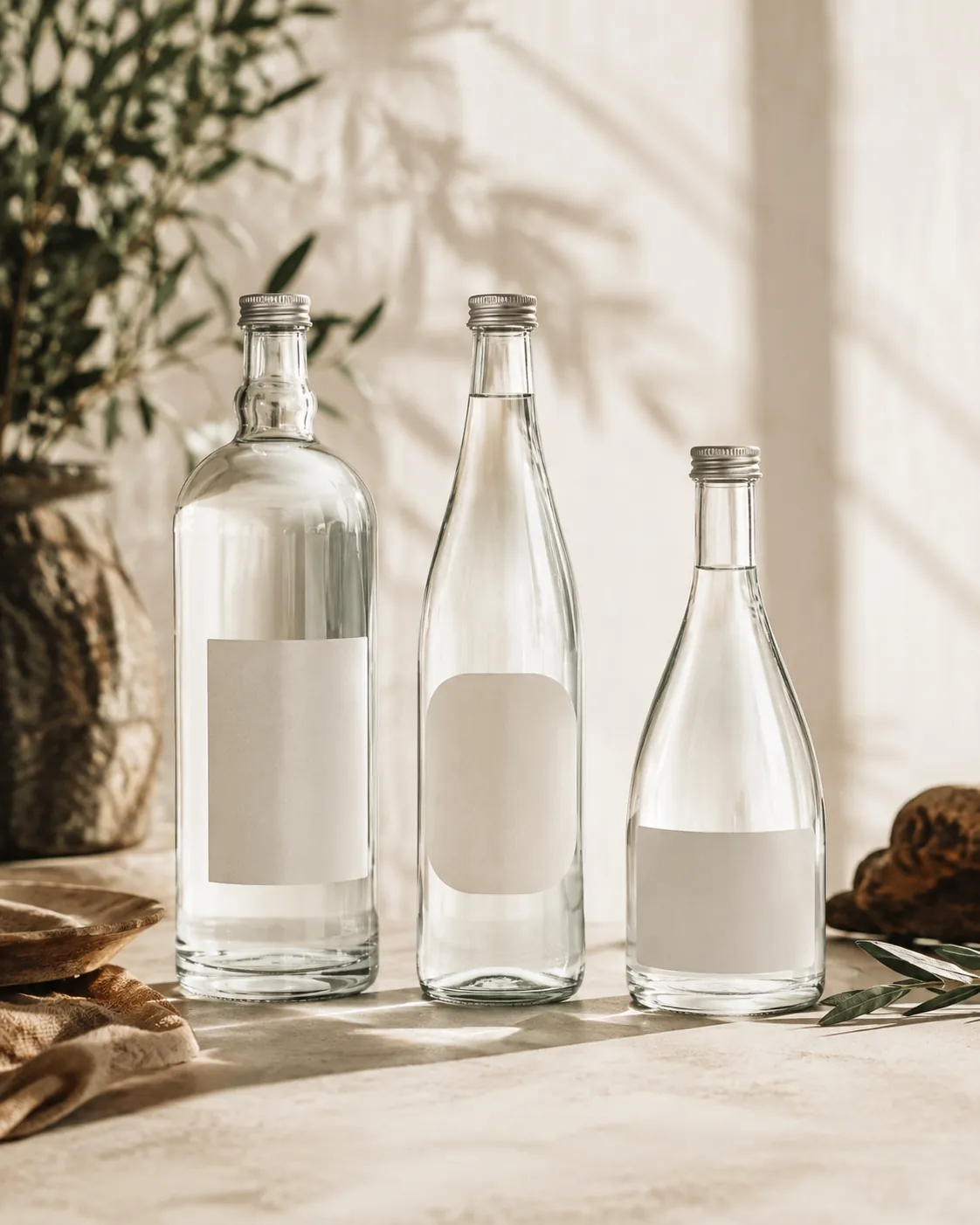 Three plain glass bottles of water with blank label panels, backlit