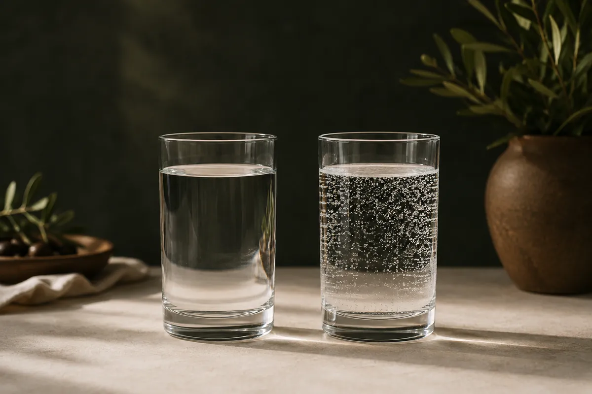 Two glasses of water side by side, the left perfectly still and the right dense with fine rising bubbles