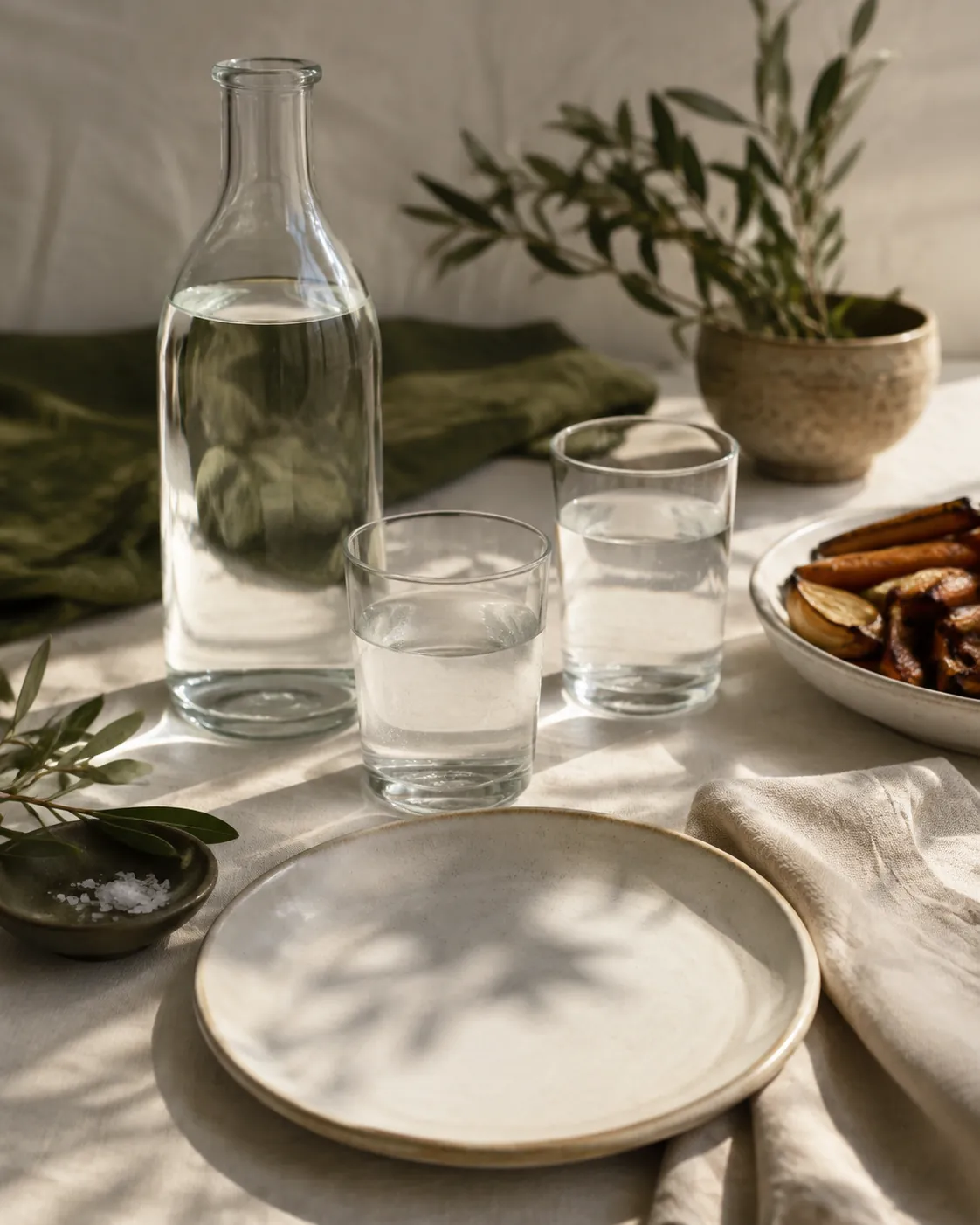 A bottle of mineral water and two filled glasses set beside a plate on a laid table