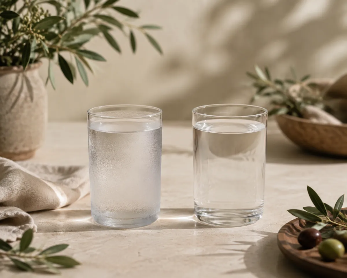 Two glasses of the same water, one frosted with cold and one at room temperature beside it